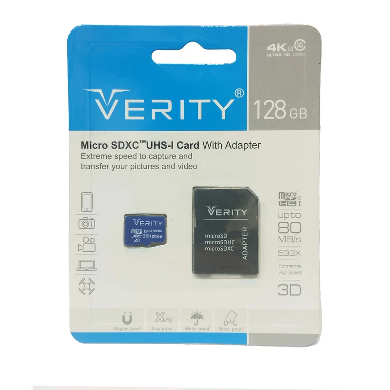 کارت حافظه microSDXC وریتی مدل 4K کلاس 10 استاندارد ظرفیت 128 گیگابایت به همراه آداپتور SD